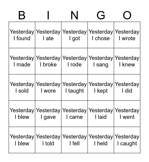 Irregular Past Tense Verbs Bingo Card