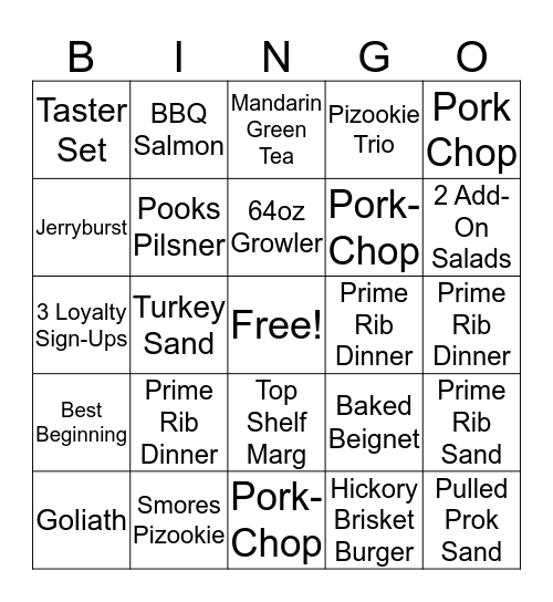 BJs Dinner Bingo Card