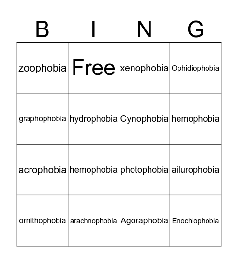 Phobia words Bingo Card
