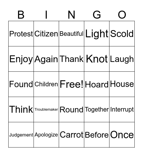 Vocabulary Bingo Card