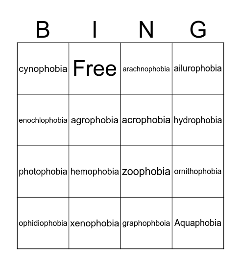 Phobia Words Bingo Card