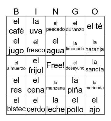 La Comida Uno Bingo Card