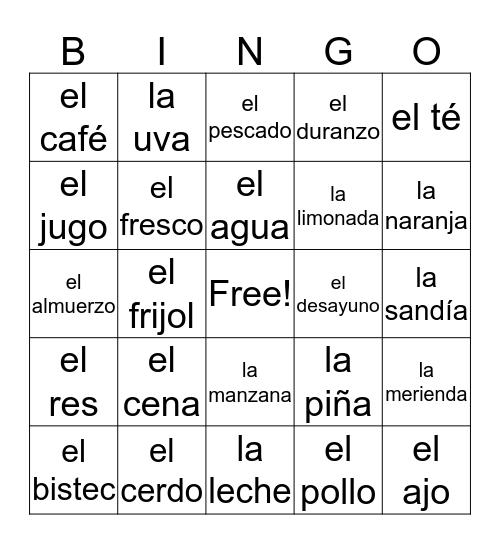 La Comida Uno Bingo Card