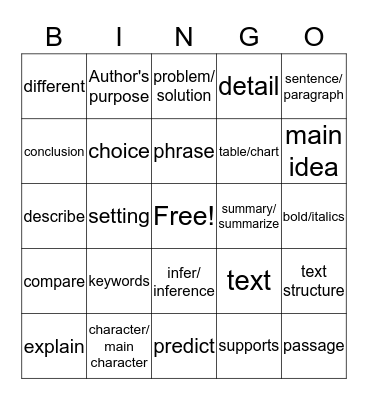 Reading Vocabulary Bingo Card