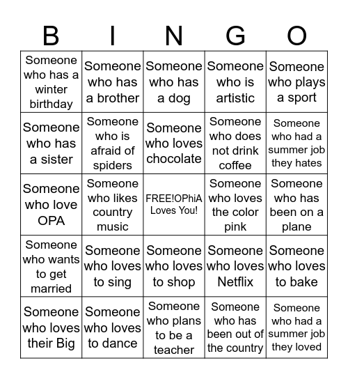 OPhiA Bingo Card