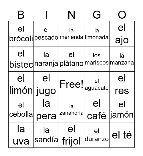 La Comida Uno Bingo Card