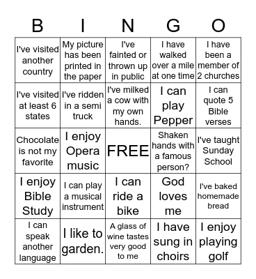 LIFE EXPERIENCES BINGO Card