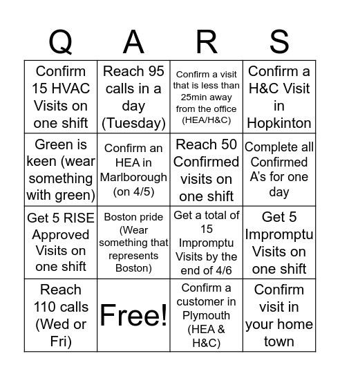 QAR Bingo Card