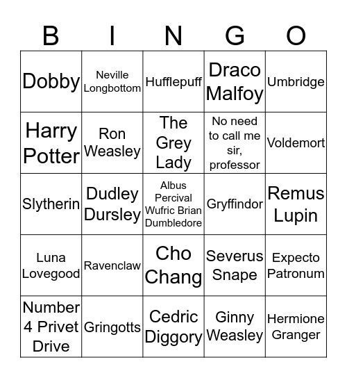 Harry Potter Bingo Card