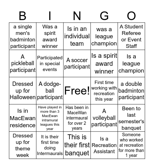 Recreation Banquet  Bingo Card