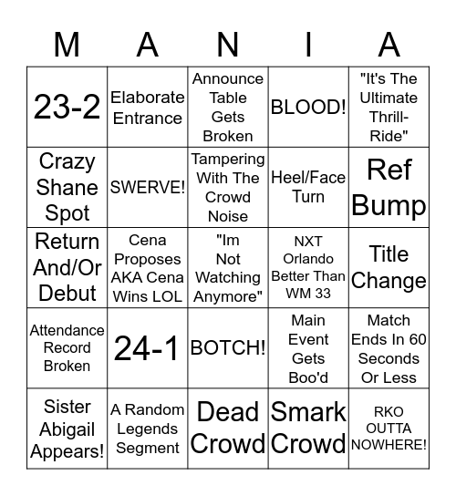 Wrestle 33 Bingo Card