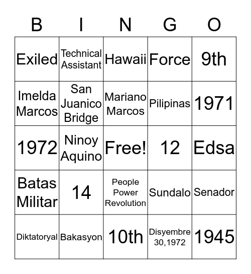 Ferdinand Marcos Bingo Card