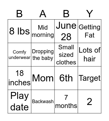 Kiran's Baby Bingo Card
