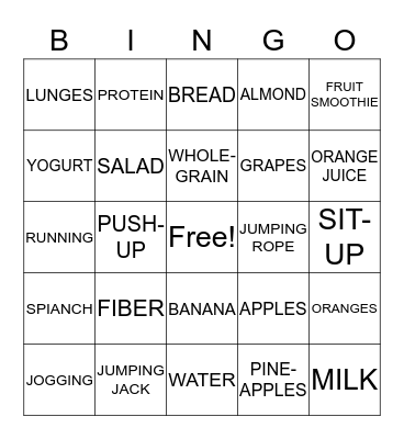 NUTRITION AND EXERCISE Bingo Card