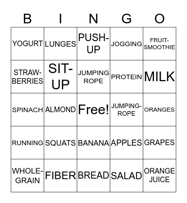 NUTRITION AND EXERCISE Bingo Card