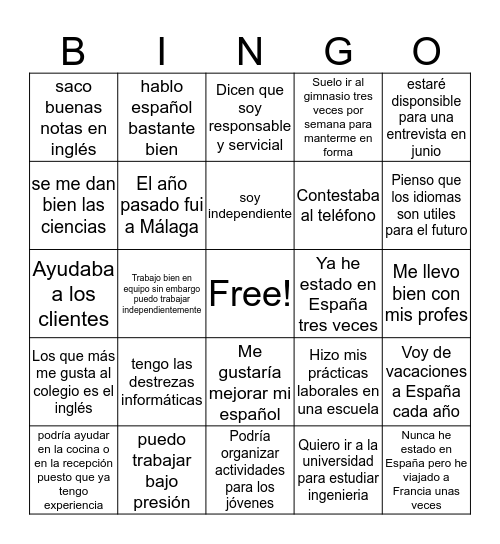 N5 Spanish Job Application Bingo Card