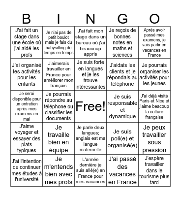 N5 French Job Application Bingo Card