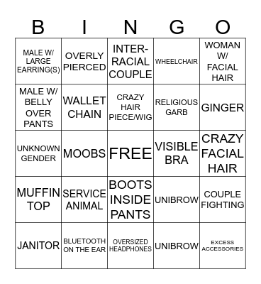 People Watching Bingo Card