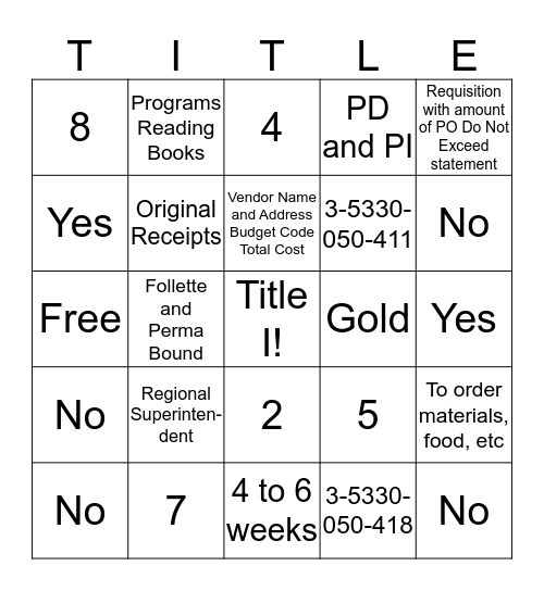 Title I Bingo Card