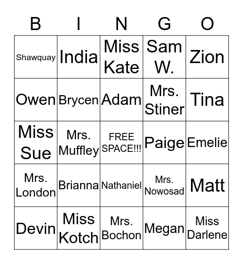 Junior High Bingo Card