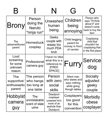 Sean's First Anime Convention Bingo Card