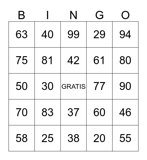 Los numeros 20 - 99 Bingo Card