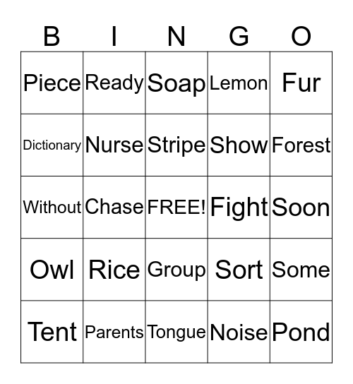 Vocabulary Bingo Card