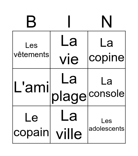 Vocabulaire français Bingo Card