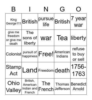 French and Indian War Bingo Card