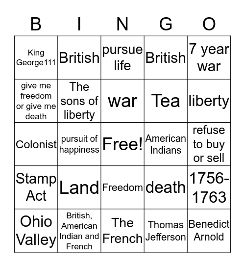 French and Indian War Bingo Card
