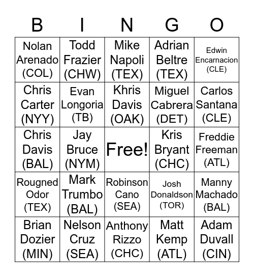 Home Run Bingo Card