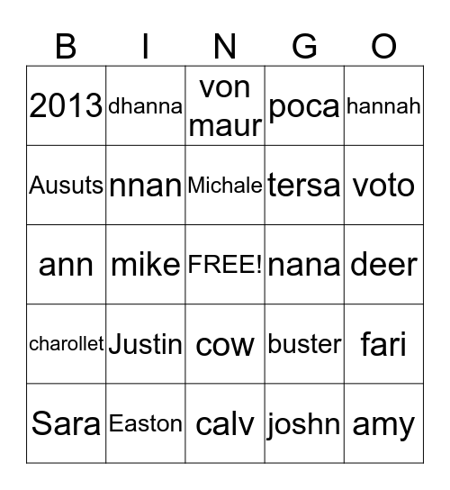 SARAH Bingo Card