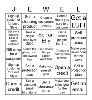 Fine Jewelry April Bingo Card