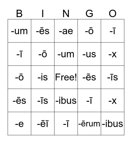 Noun Endings Bingo Card