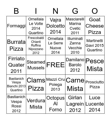 Antipasti/Pizza/Wine  Bingo Card