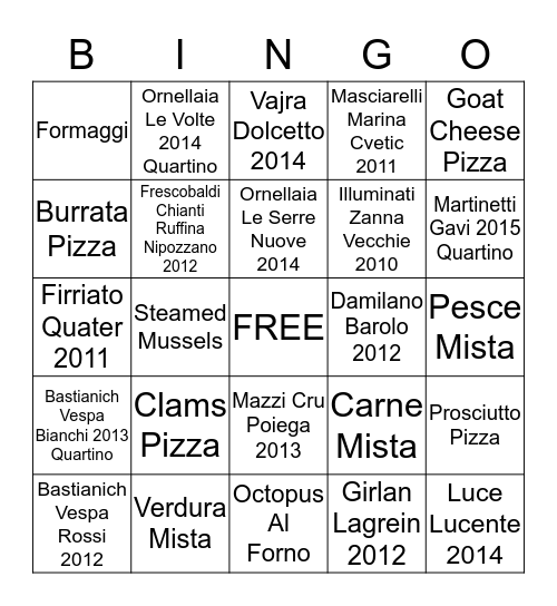 Antipasti/Pizza/Wine  Bingo Card