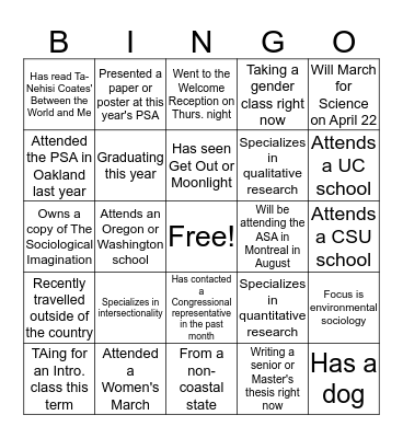 PSA Bingo Card