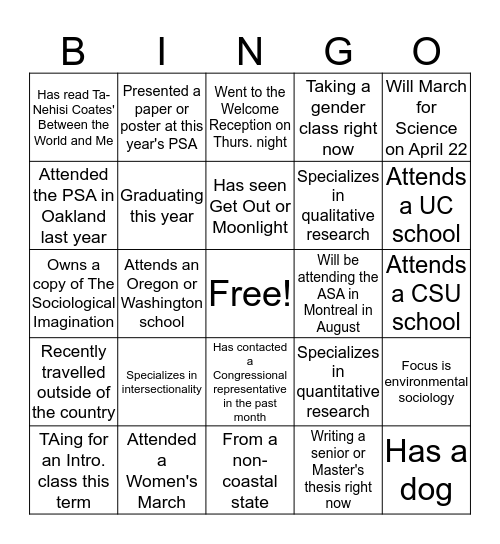 PSA Bingo Card