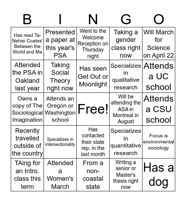 PSA Bingo Card