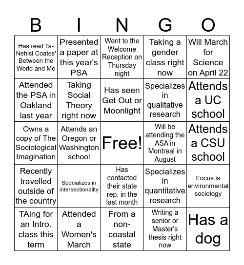 PSA Bingo Card