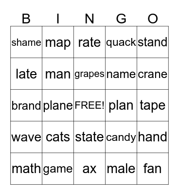 Short and Long "A" Bingo Card