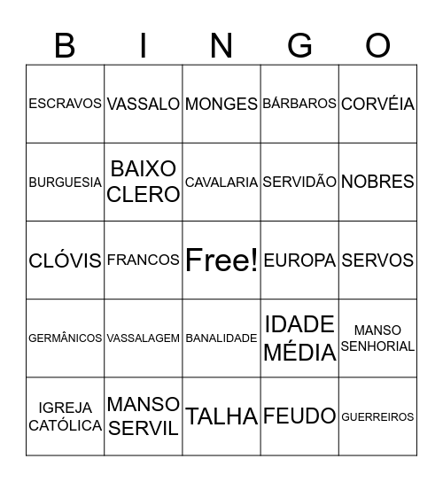 BINGO DO FEUDALISMO Bingo Card