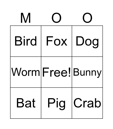 Animal Bingo Card