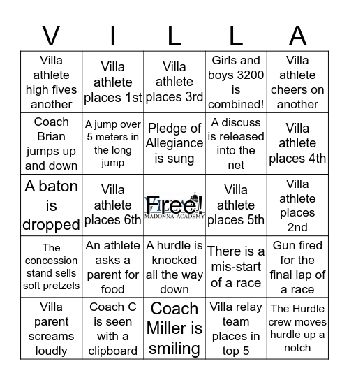 Villa Track and Field Bingo Card