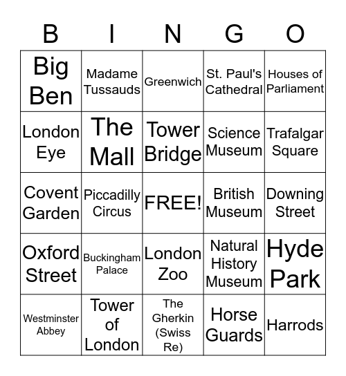 London sights and landmarks Bingo Card