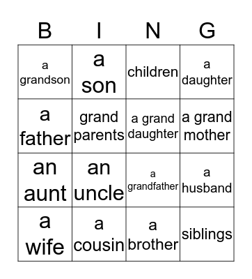 Family Vocabulary Bingo Card