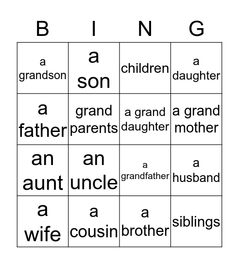 Family Vocabulary Bingo Card