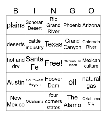 Southwest Regon Bingo Card