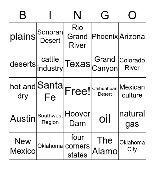 Southwest Regon Bingo Card