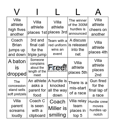Villa Track and Field Bingo Card